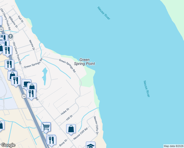 map of restaurants, bars, coffee shops, grocery stores, and more near 1400 Green Springs Road in New Bern