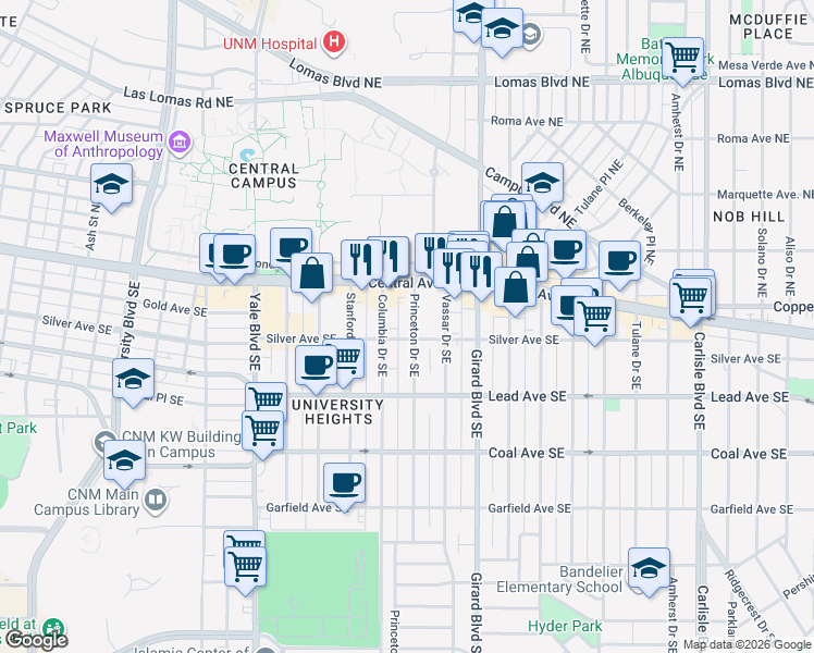 map of restaurants, bars, coffee shops, grocery stores, and more near 119 Princeton Drive Southeast in Albuquerque
