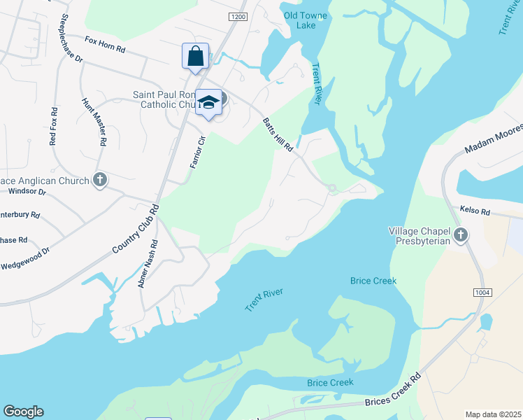 map of restaurants, bars, coffee shops, grocery stores, and more near 115 Allen Drive in New Bern