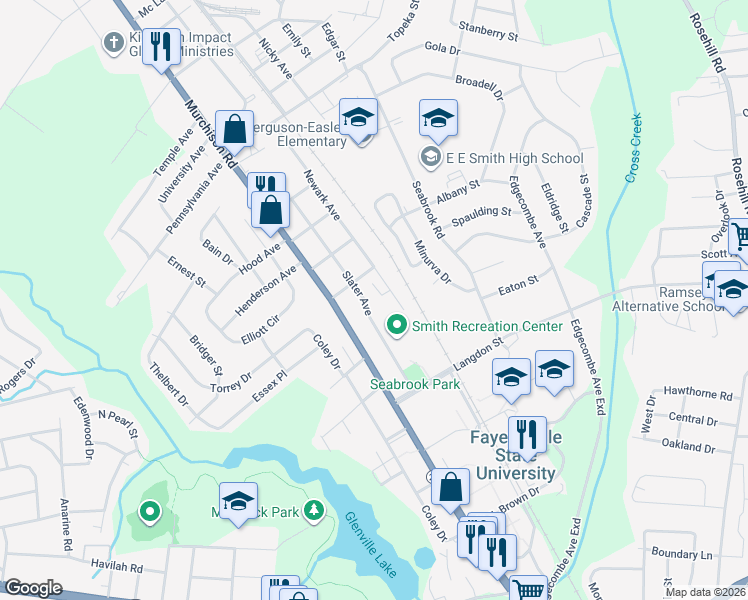 map of restaurants, bars, coffee shops, grocery stores, and more near 1620 Slater Ave in Fayetteville