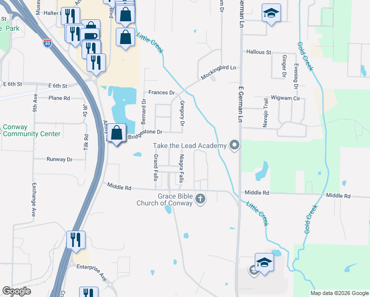 map of restaurants, bars, coffee shops, grocery stores, and more near 1620 Middle Road in Conway