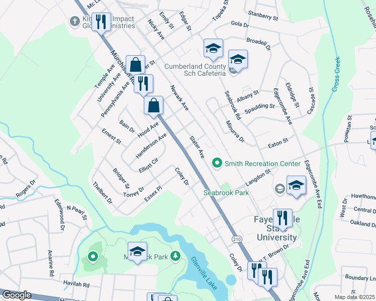 map of restaurants, bars, coffee shops, grocery stores, and more near 1630 Murchison Road in Fayetteville
