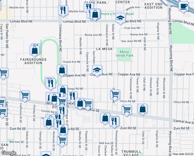 map of restaurants, bars, coffee shops, grocery stores, and more near 7500 Copper Avenue Northeast in Albuquerque