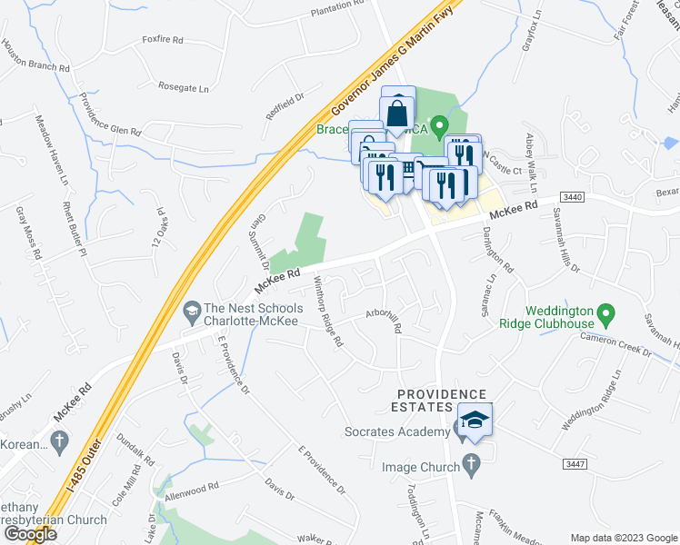 map of restaurants, bars, coffee shops, grocery stores, and more near 2770 Thornbush Court in Charlotte