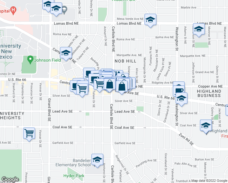 map of restaurants, bars, coffee shops, grocery stores, and more near 112 Hermosa Drive Southeast in Albuquerque