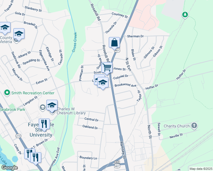 map of restaurants, bars, coffee shops, grocery stores, and more near 106 Quincy Street in Fayetteville
