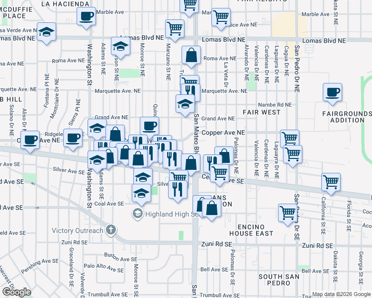 map of restaurants, bars, coffee shops, grocery stores, and more near 142 Truman Street Northeast in Albuquerque