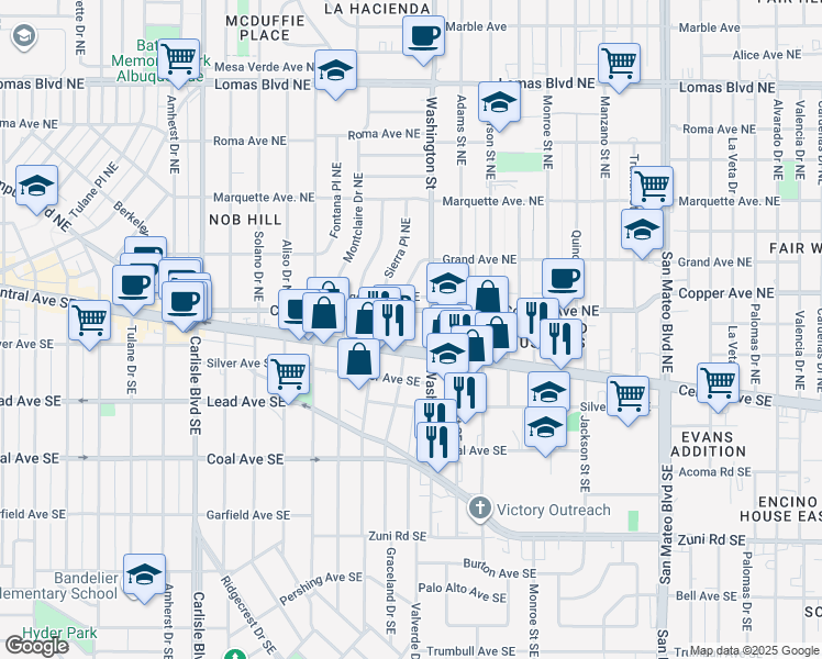 map of restaurants, bars, coffee shops, grocery stores, and more near 4301 Central Avenue Northeast in Albuquerque