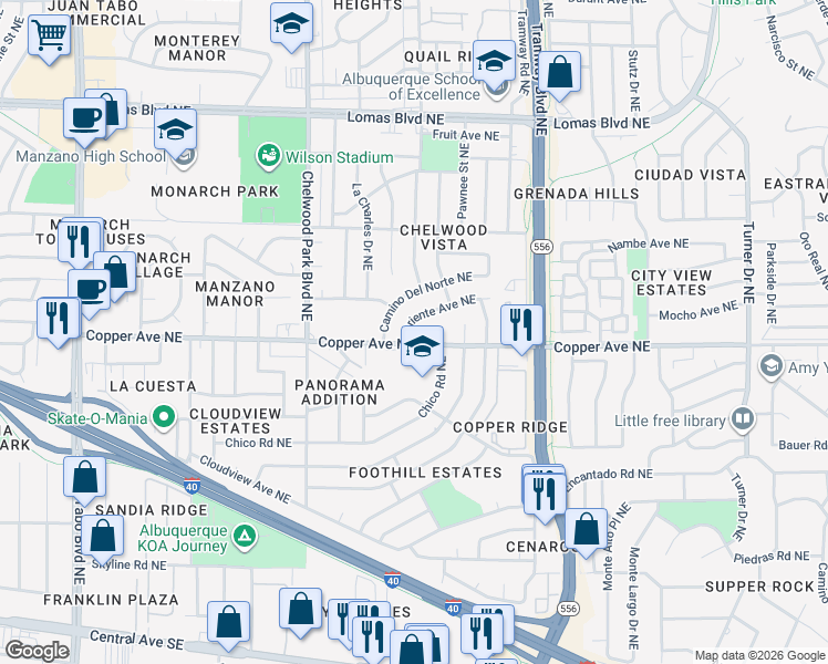 map of restaurants, bars, coffee shops, grocery stores, and more near 13417 Chico Road Northeast in Albuquerque