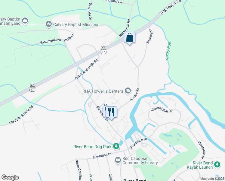 map of restaurants, bars, coffee shops, grocery stores, and more near 43 Mulberry Lane in New Bern
