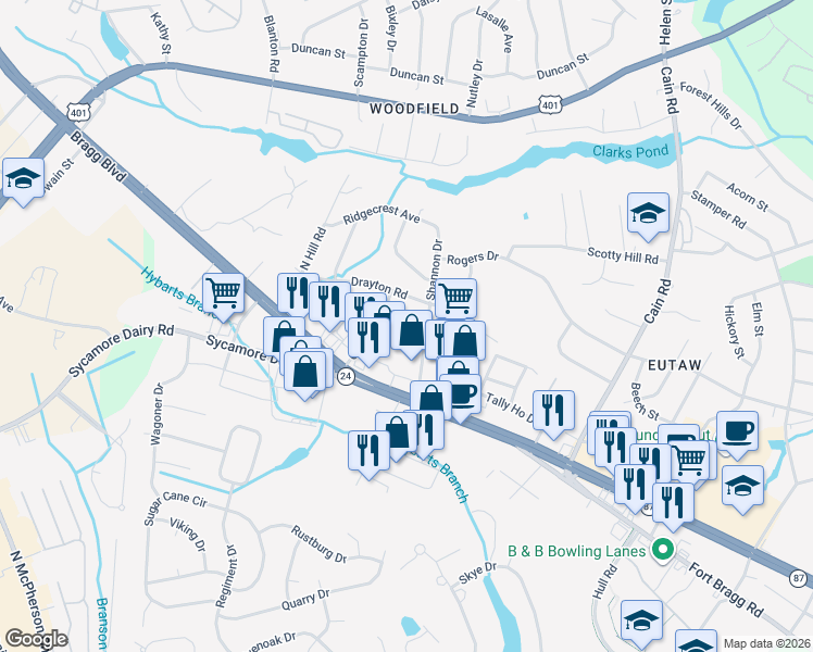 map of restaurants, bars, coffee shops, grocery stores, and more near 1 Bragg Boulevard in Fayetteville