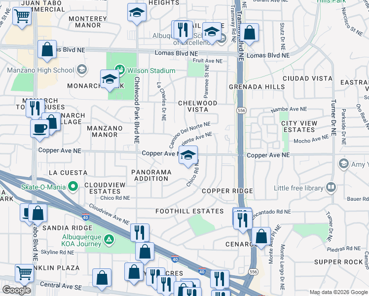 map of restaurants, bars, coffee shops, grocery stores, and more near 13417 Chico Road Northeast in Albuquerque