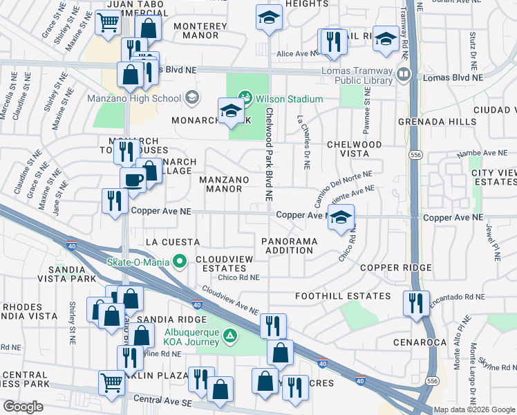 map of restaurants, bars, coffee shops, grocery stores, and more near 12604 Copper Avenue Northeast in Albuquerque
