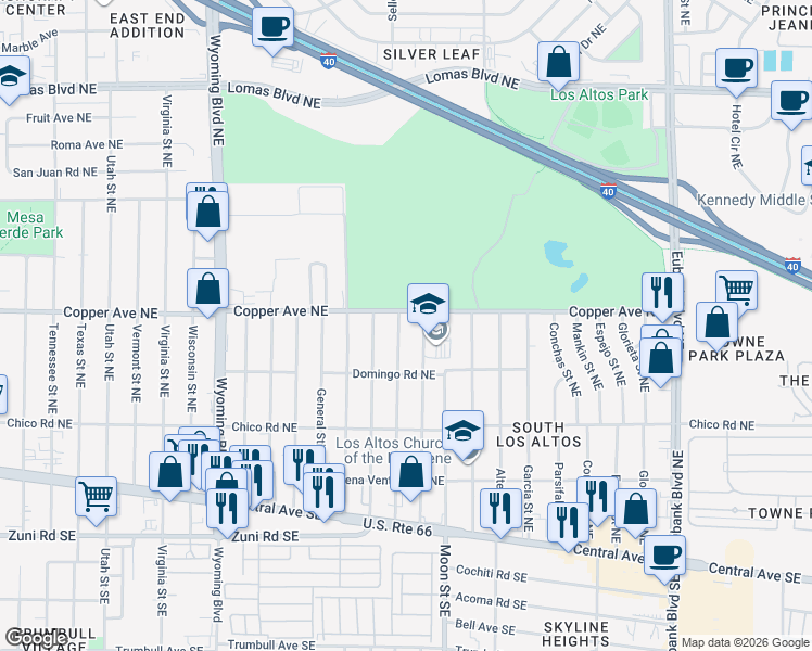 map of restaurants, bars, coffee shops, grocery stores, and more near 421 General Patch Street Northeast in Albuquerque