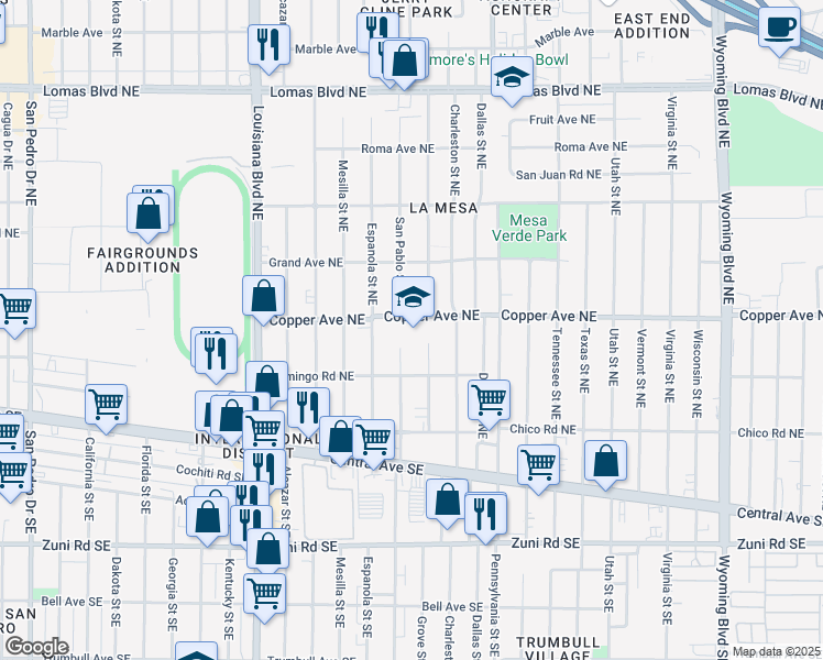 map of restaurants, bars, coffee shops, grocery stores, and more near 322 San Pablo Street Northeast in Albuquerque