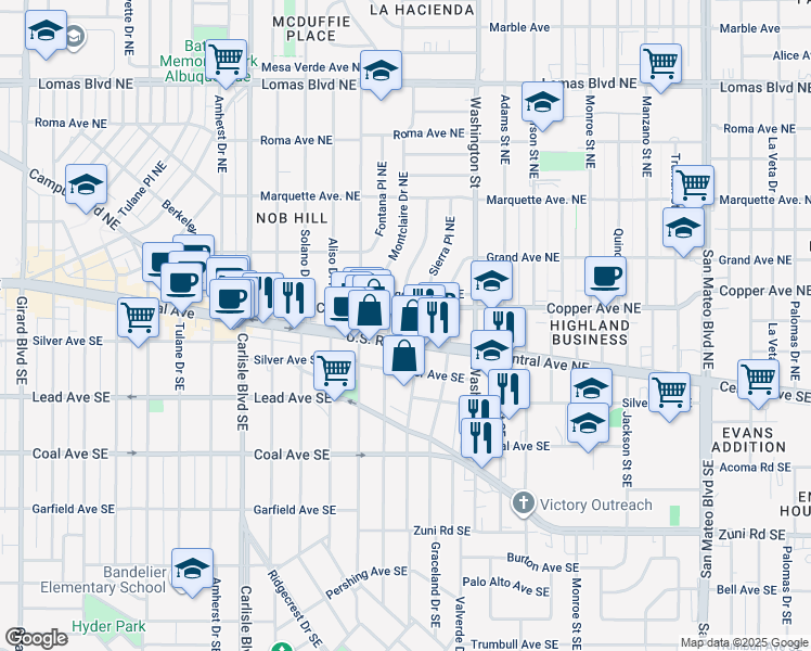 map of restaurants, bars, coffee shops, grocery stores, and more near 4201 Central Avenue Northeast in Albuquerque