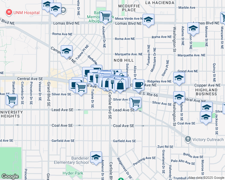 map of restaurants, bars, coffee shops, grocery stores, and more near 112 Hermosa Drive Southeast in Albuquerque