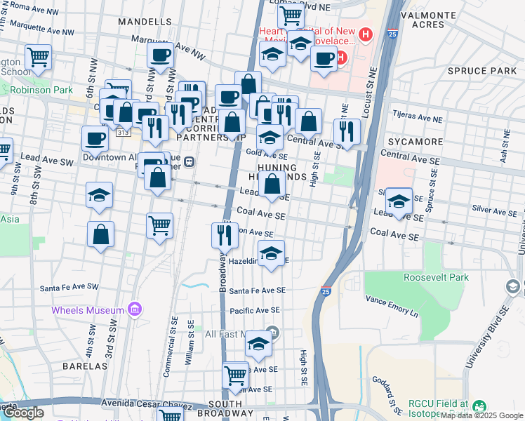 map of restaurants, bars, coffee shops, grocery stores, and more near 516 Arno Street Southeast in Albuquerque