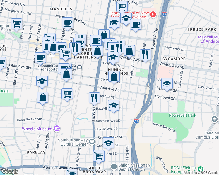 map of restaurants, bars, coffee shops, grocery stores, and more near 516 Arno Street Southeast in Albuquerque