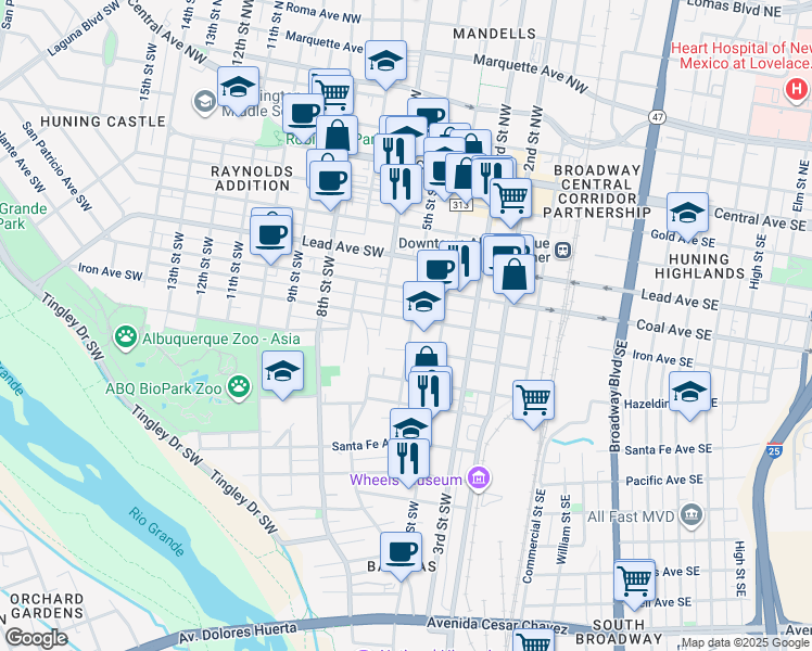 map of restaurants, bars, coffee shops, grocery stores, and more near 513 Stover Avenue Southwest in Albuquerque