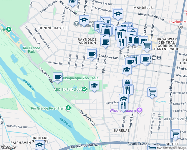 map of restaurants, bars, coffee shops, grocery stores, and more near 824 Stover Avenue Southwest in Albuquerque