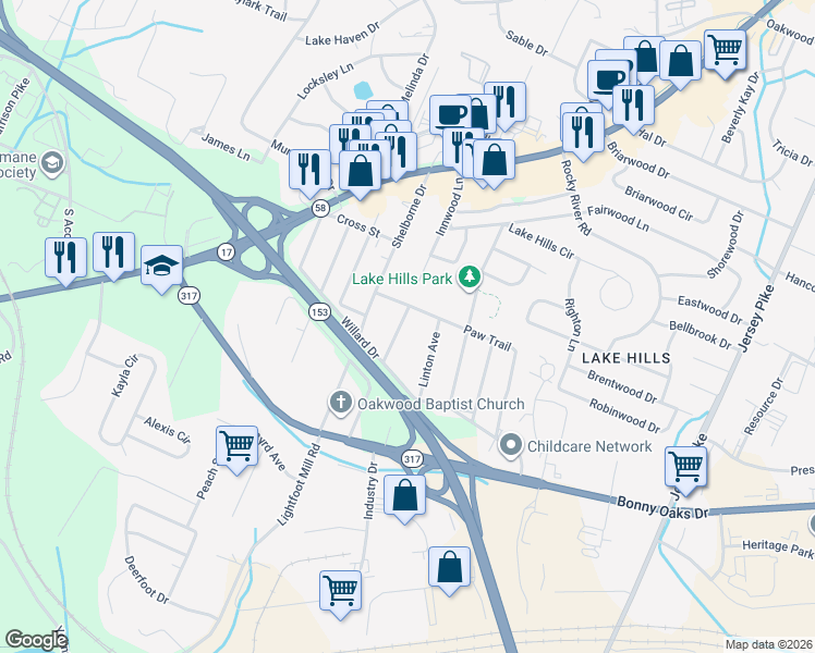map of restaurants, bars, coffee shops, grocery stores, and more near 4215 Linton Avenue in Chattanooga