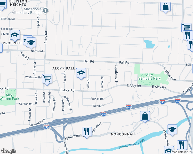 map of restaurants, bars, coffee shops, grocery stores, and more near 2417 Verdun Street in Memphis