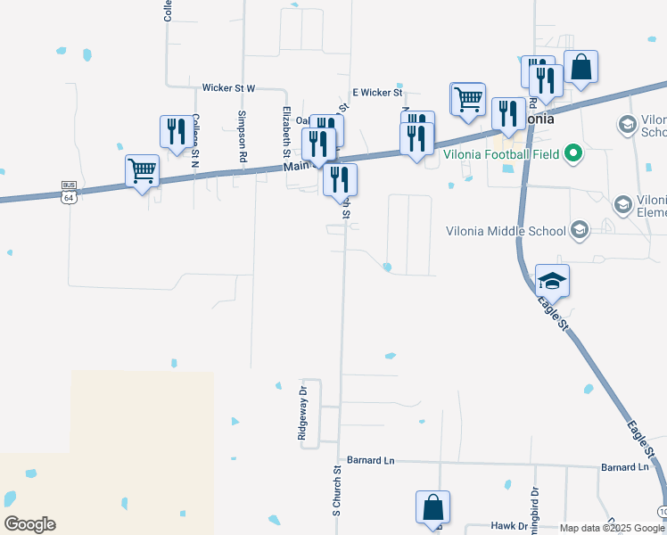 map of restaurants, bars, coffee shops, grocery stores, and more near 42 South Church Street in Vilonia