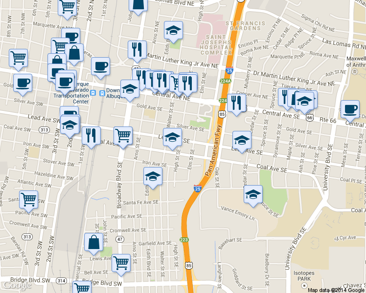 map of restaurants, bars, coffee shops, grocery stores, and more near 412 High St SE in Albuquerque