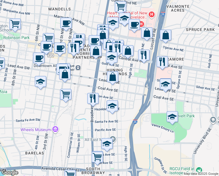 map of restaurants, bars, coffee shops, grocery stores, and more near 421 Edith Boulevard Southeast in Albuquerque