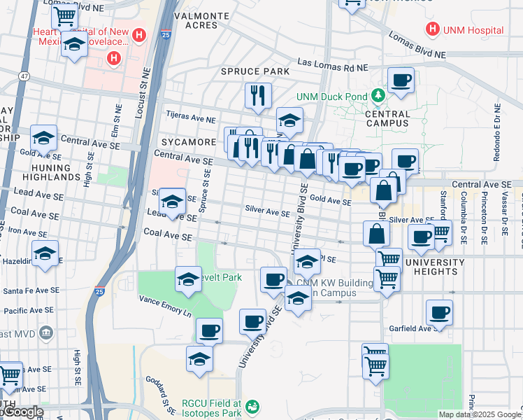 map of restaurants, bars, coffee shops, grocery stores, and more near Silver Ave SE & Ash St SE in Albuquerque