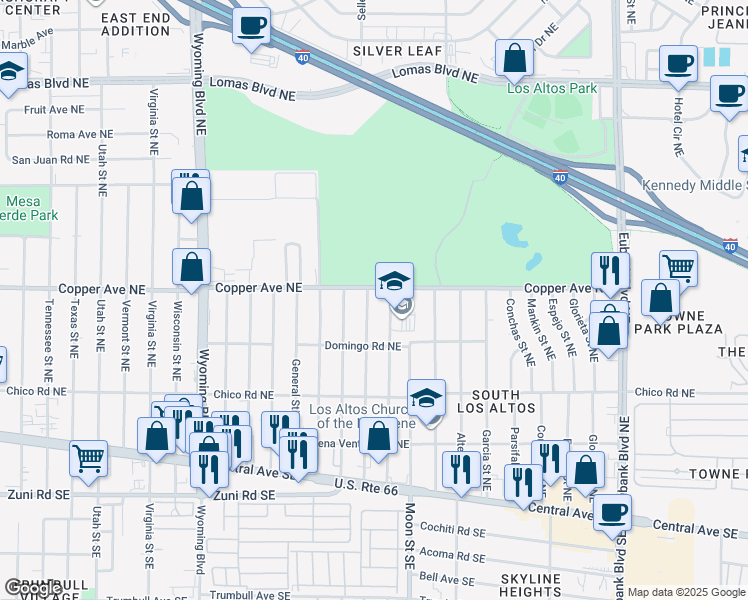 map of restaurants, bars, coffee shops, grocery stores, and more near 421 General Patch Street Northeast in Albuquerque