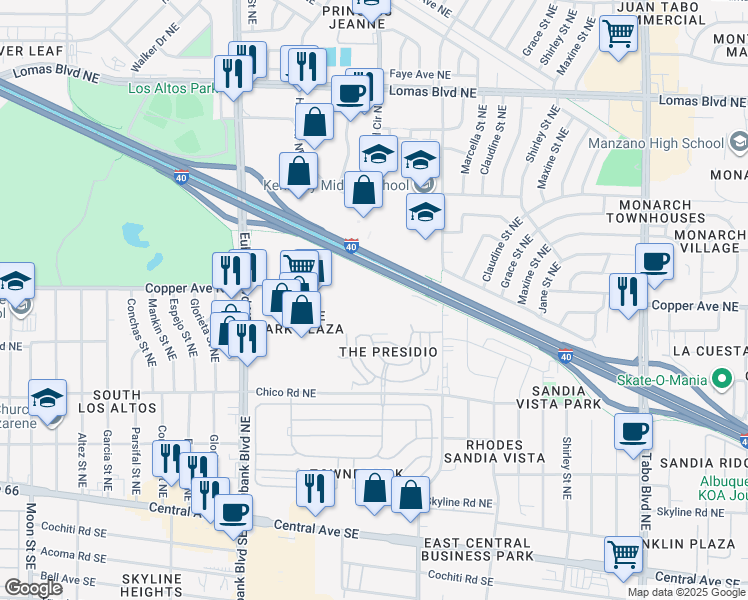 map of restaurants, bars, coffee shops, grocery stores, and more near 10500 Copper Avenue in Albuquerque