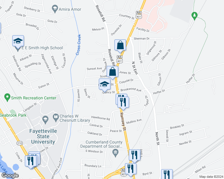 map of restaurants, bars, coffee shops, grocery stores, and more near 106 Quincy Street in Fayetteville