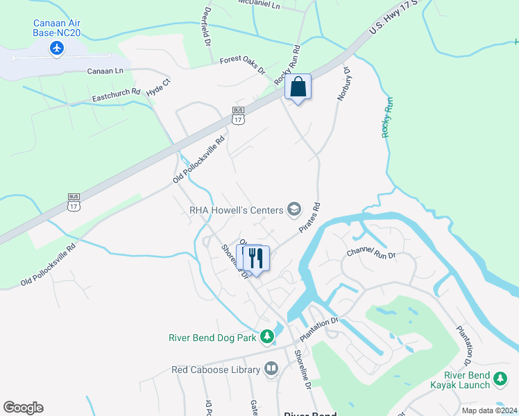 map of restaurants, bars, coffee shops, grocery stores, and more near 43 Mulberry Lane in New Bern