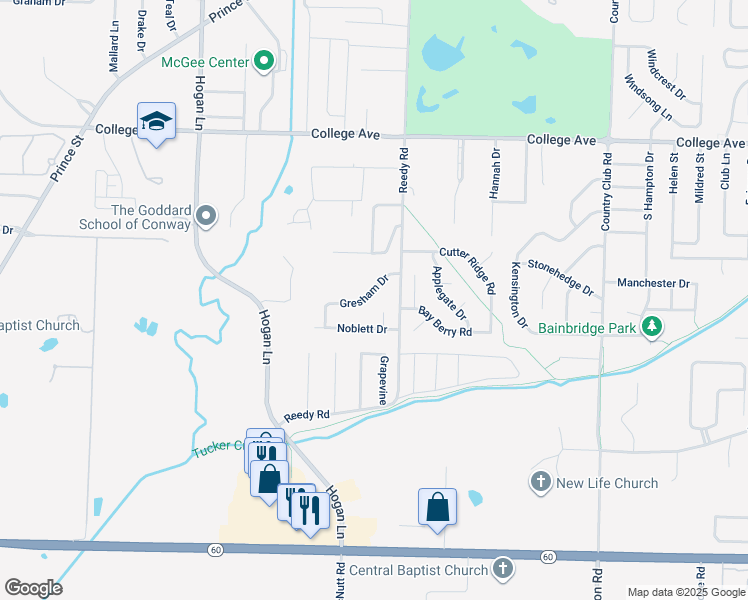 map of restaurants, bars, coffee shops, grocery stores, and more near 3645 Gresham Drive in Conway