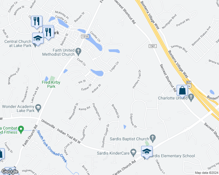 map of restaurants, bars, coffee shops, grocery stores, and more near 3703 Nuthatch Drive in Indian Trail