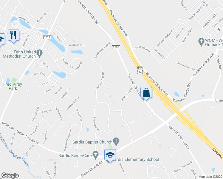map of restaurants, bars, coffee shops, grocery stores, and more near 3013 Thistlewood Circle in Indian Trail