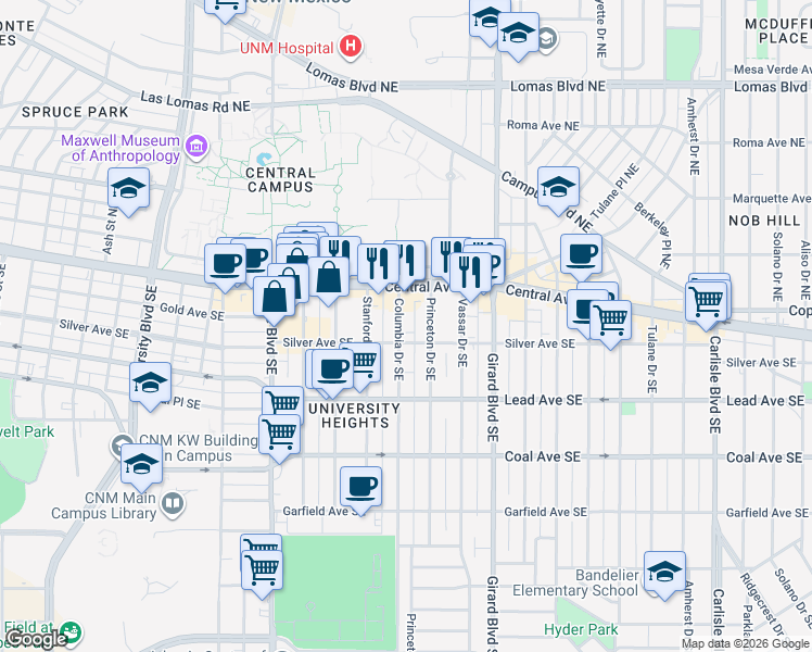 map of restaurants, bars, coffee shops, grocery stores, and more near 2602 Silver Avenue Southeast in Albuquerque