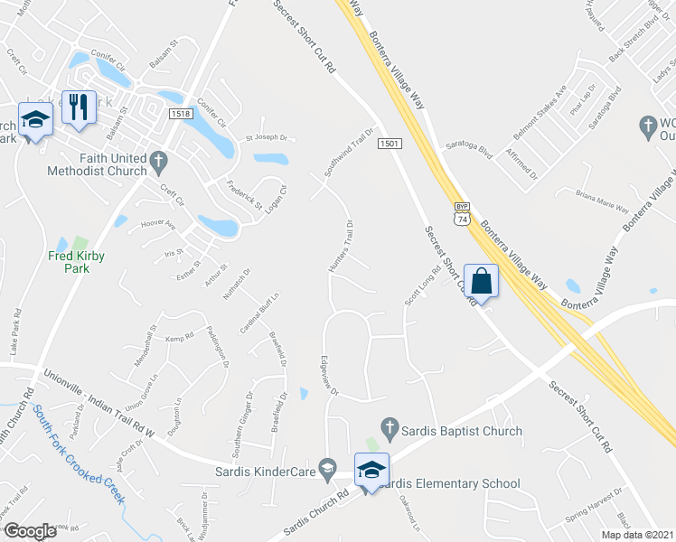 map of restaurants, bars, coffee shops, grocery stores, and more near 3107 Hunters Trail Drive in Indian Trail