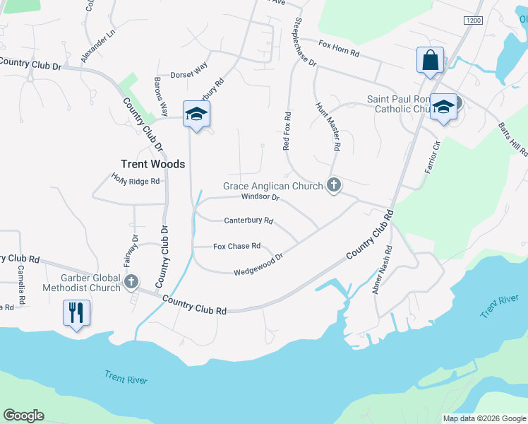 map of restaurants, bars, coffee shops, grocery stores, and more near 3514 Canterbury Road in Trent Woods