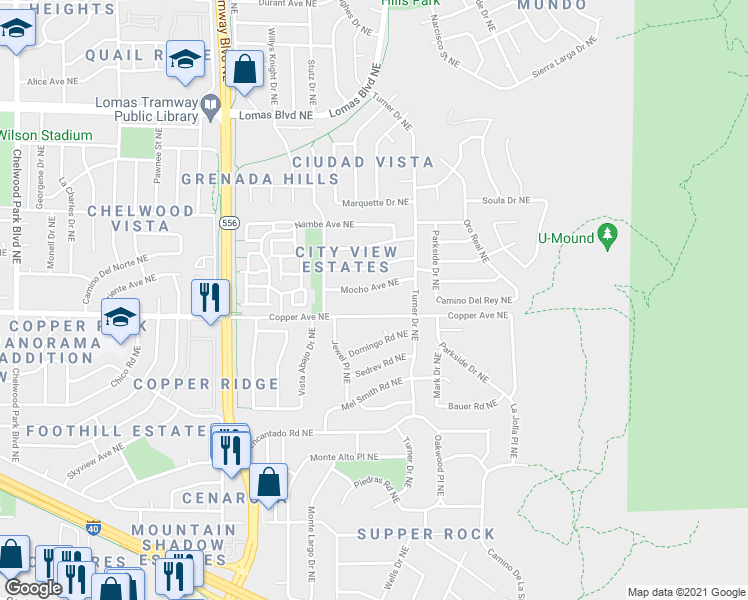 map of restaurants, bars, coffee shops, grocery stores, and more near 14124 Copper Avenue Northeast in Albuquerque