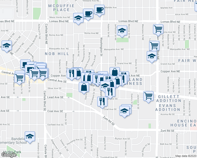 map of restaurants, bars, coffee shops, grocery stores, and more near 4214 Central Avenue Southeast in Albuquerque