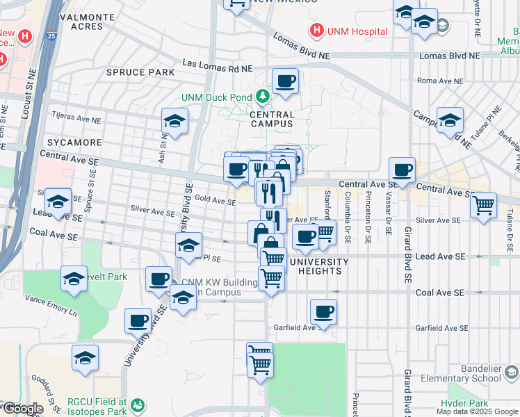 map of restaurants, bars, coffee shops, grocery stores, and more near 2123 Silver Avenue Southeast in Albuquerque