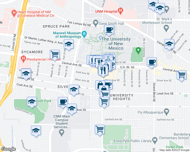 map of restaurants, bars, coffee shops, grocery stores, and more near 2123 Silver Avenue Southeast in Albuquerque