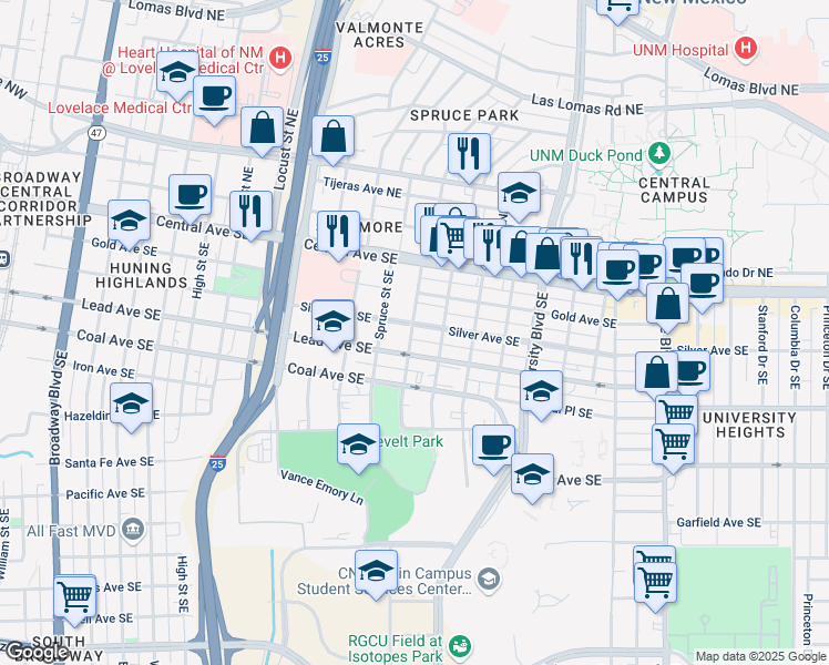 map of restaurants, bars, coffee shops, grocery stores, and more near 318 Sycamore Street Southeast in Albuquerque