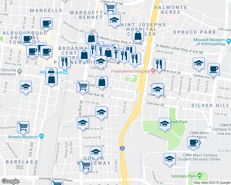 map of restaurants, bars, coffee shops, grocery stores, and more near 501 High Street Southeast in Albuquerque