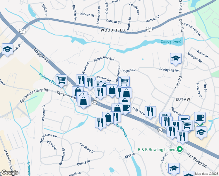 map of restaurants, bars, coffee shops, grocery stores, and more near 1 Bragg Boulevard in Fayetteville