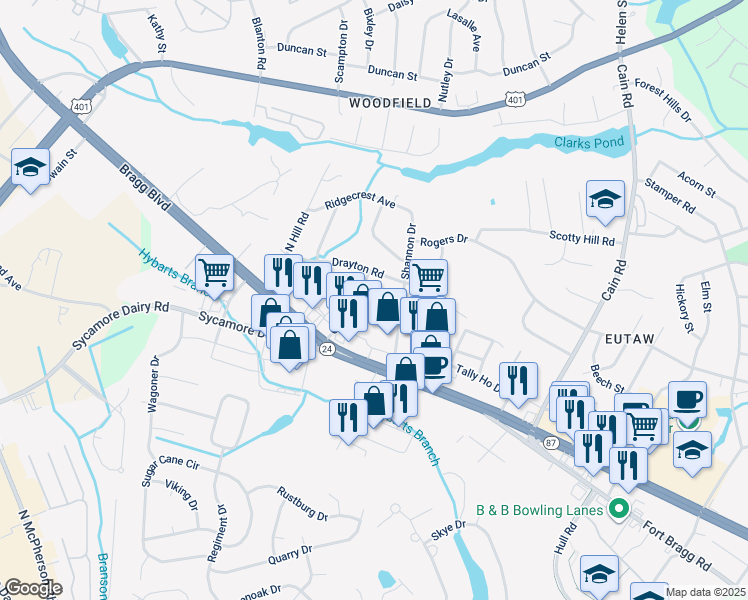 map of restaurants, bars, coffee shops, grocery stores, and more near 1 Bragg Boulevard in Fayetteville