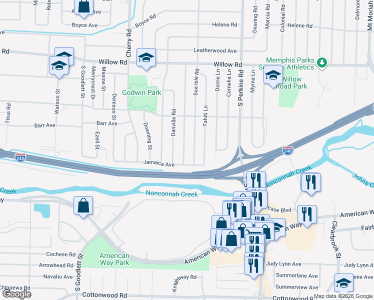 map of restaurants, bars, coffee shops, grocery stores, and more near 1931 Sea Isle Road in Memphis
